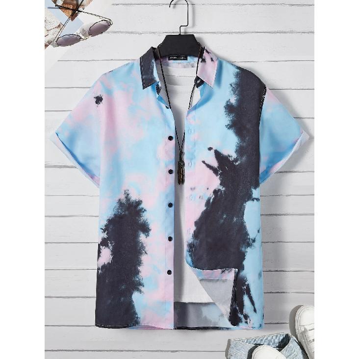 Summer men's shirt with landscape pattern, short-sleeved versatile shirt