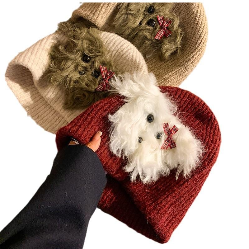 Cute Blush Plush Puppy Red Woolen Hat for Women Autumn and Winter Warm Pullover Hat Versatile Hat Trendy
