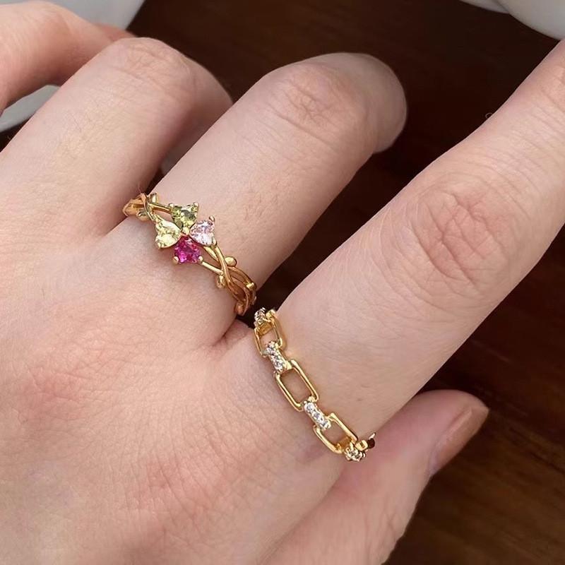 Elegant French Style Colorful Zirconia Double Layer Open Ring For Women Fashionable