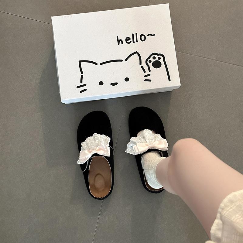 Lace bow fashionable versatile retro bag head half slippers women wear new summer shoes