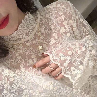 2026 Elegant Korean Style Women's Lace Mesh Top with Half-High Collar - Autumn/Winter Collection