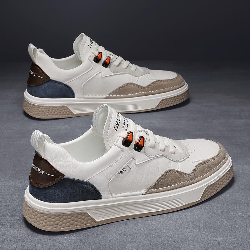 New Men Genuine Leather Casual Shoes for Man Autumn Flats Skateboard Shoes Youth Street Cool Patchwork Sneakers