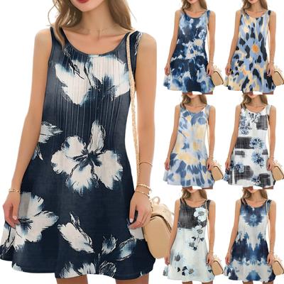 Lässiges, modisches, ärmelloses Kleid mit Blumendruck und Rundhalsausschnitt für Damen