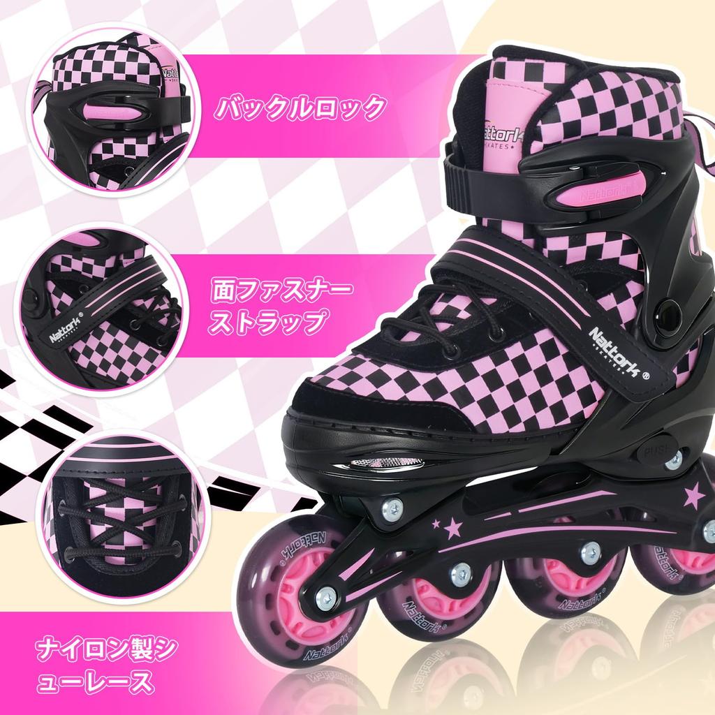 Nattork Inline Skates for Children, Roller Skates, Checkered Series, Pink & Black, Size M (20.5-23cm)