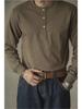 Men's Slim Fit Khaki Henley: 320g Cotton, Long Sleeve, Retro Style for Autumn