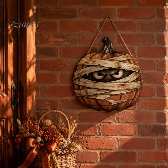 Decorative Hanging Party Sign Halloween Mummy Pumpkin Sign, Retro Wooden Pendant with Poplar Wood Holiday Plaque Hemp Rope for Front Door Wall
