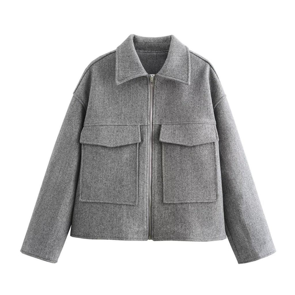 2025 Women's Casual Woolen Coat with Zipper and Big Pockets, Spring/Autumn Fashion, European & American Style, Loose Lapel Design