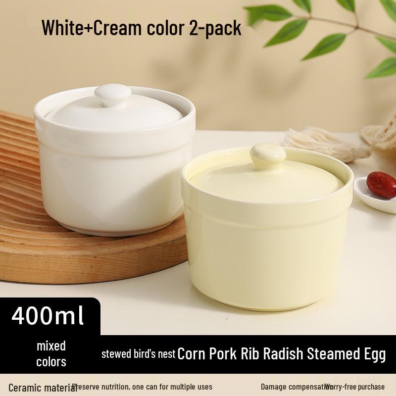 Keramický hrnec na dušení ve vodní lázni s víkem - Miska na polévku pro jednu porci a napařovaný vaječný krém