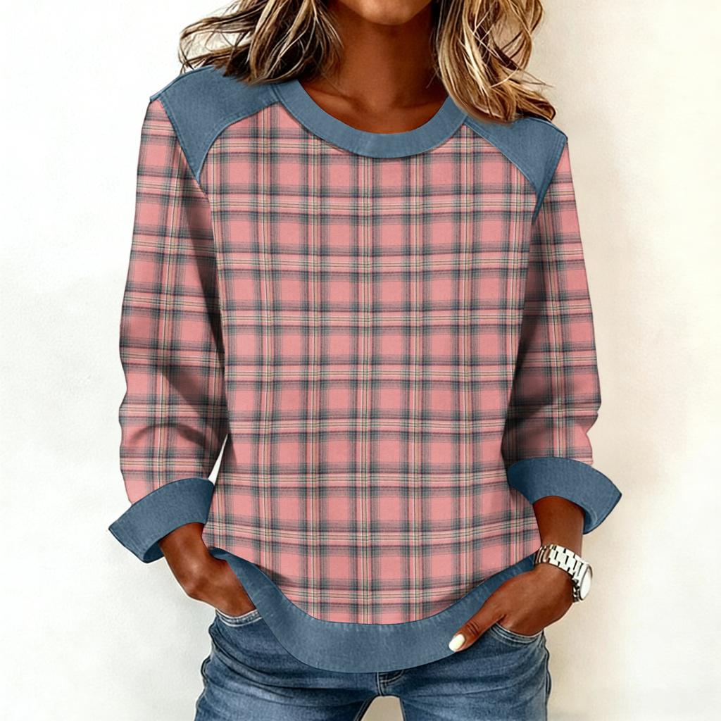 Women Denim Collar Patchwork Stitching Sweatshirt Casual  Pullover Long Sleeve Shirts