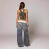 2026 Retro Street Style Washed Blue Denim Women's Pants with Unique Back-bend Design