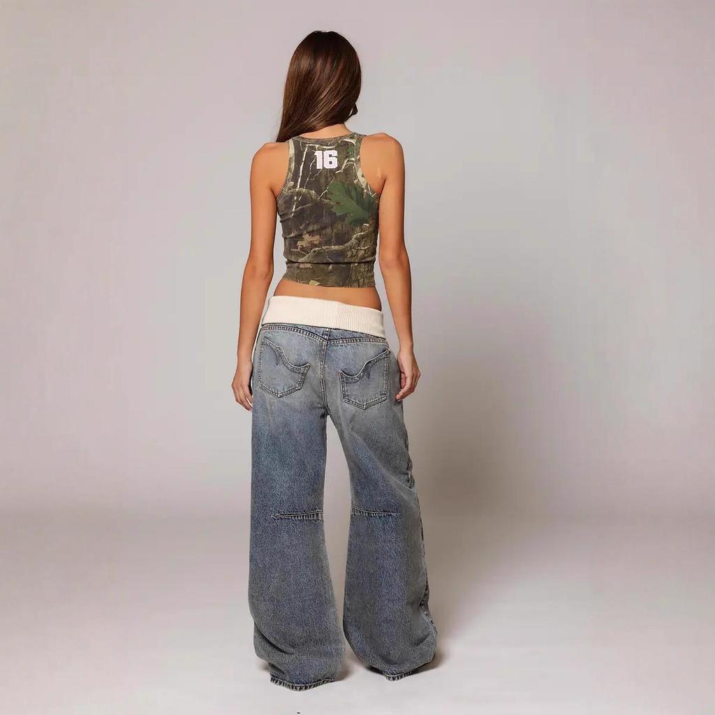 2026 Retro Street Style Washed Blue Denim Women's Pants with Unique Back-bend Design