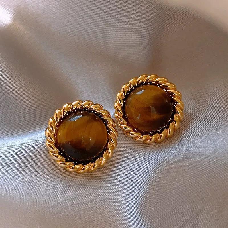 Silver Needle Tiger Eye Geometric Irregular Stud Earrings - Autumn Winter Retro Niche High-End Style.