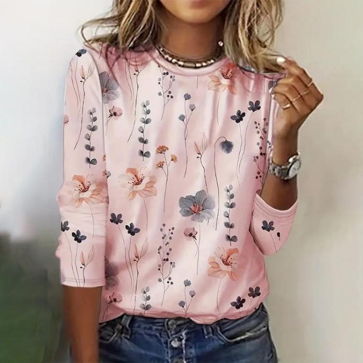 Casual Long Sleeve Women's Floral Print Sweatshirt Spring Fall Clothing Crew Neck