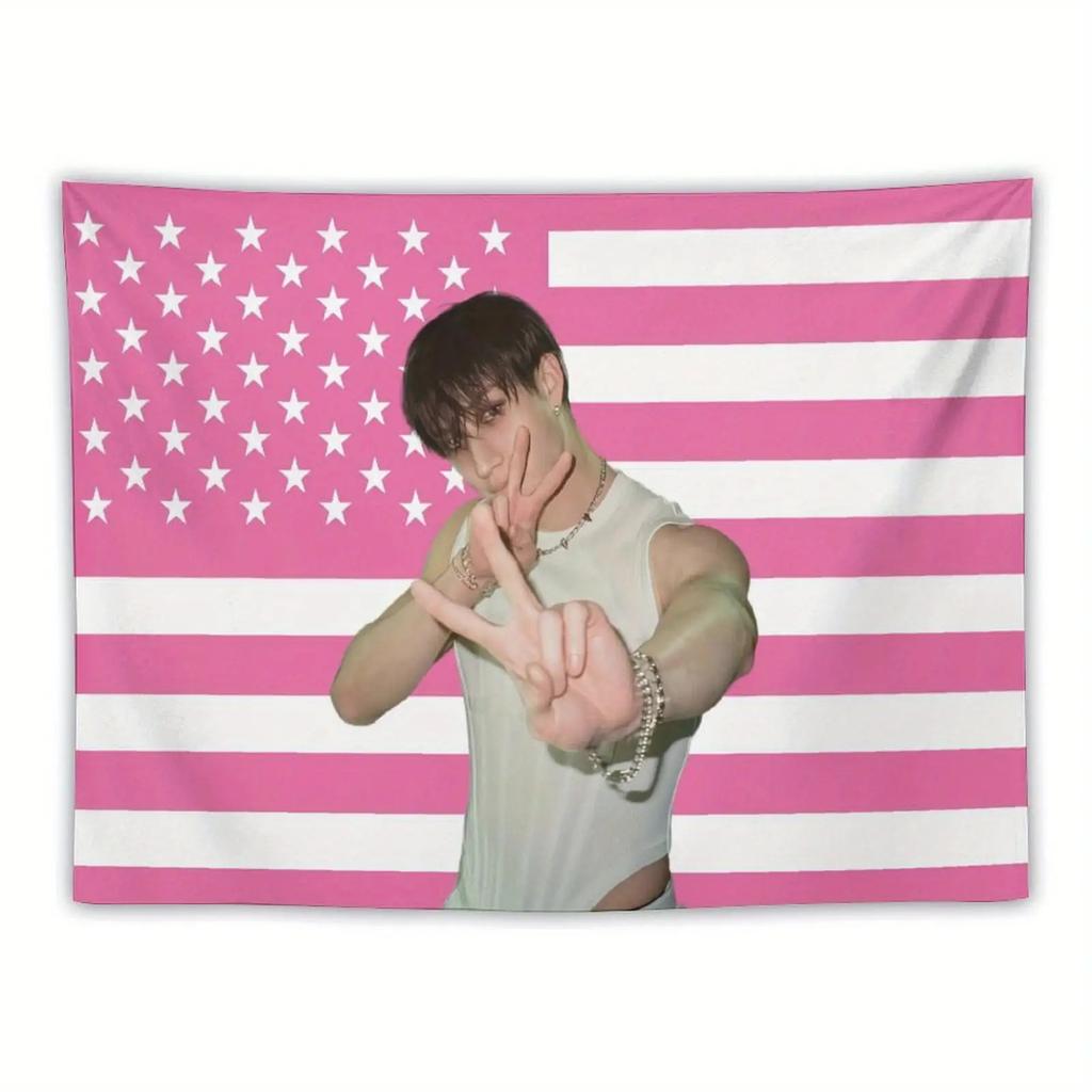 Pink White US Flag Tapestry Kpop Bang Chan Theme Wall Art Aesthetic Dorm Bedroom Living Room Decor Ideal Gift