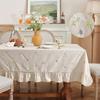 Light Luxury Cotton Round Tablecloth Embroidered Floral Plant Pleated Ruffle Table Cover Dining Room