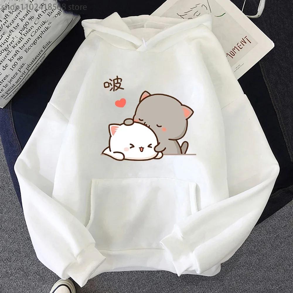 Peach Cat Hoodies Kawaii Clothing Aesthetic Cute Pink Tops Oversized Cartoon Print Sweatshirts Women Warm Streetwear Men