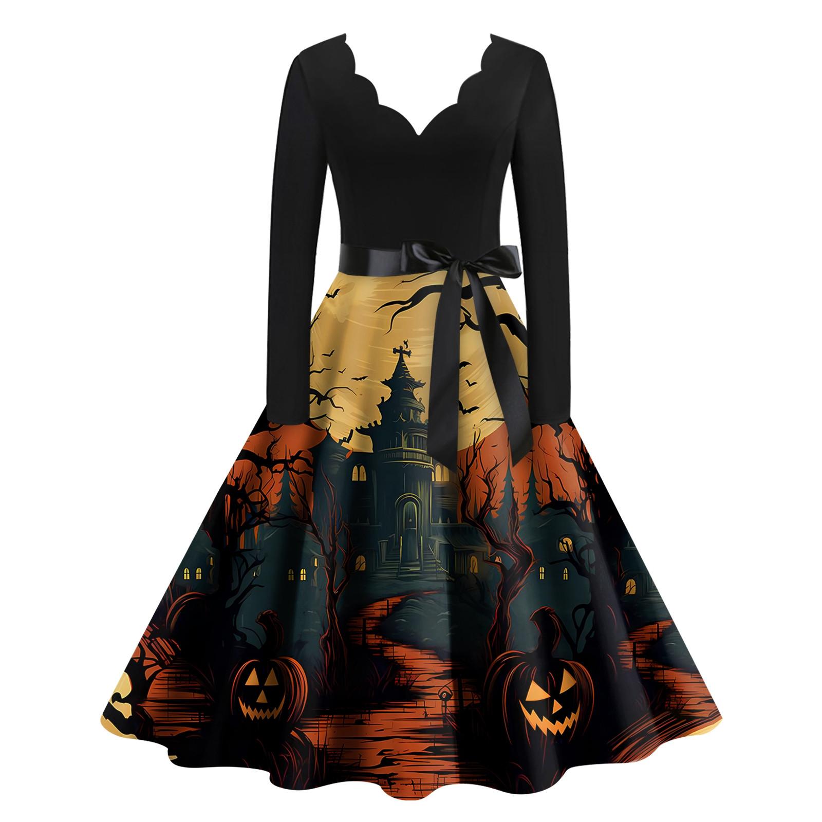 Хэллоуин Женское Повседневное Модное Платье с V-образным Вырезом и Принтом В Винтажном — фото 6
