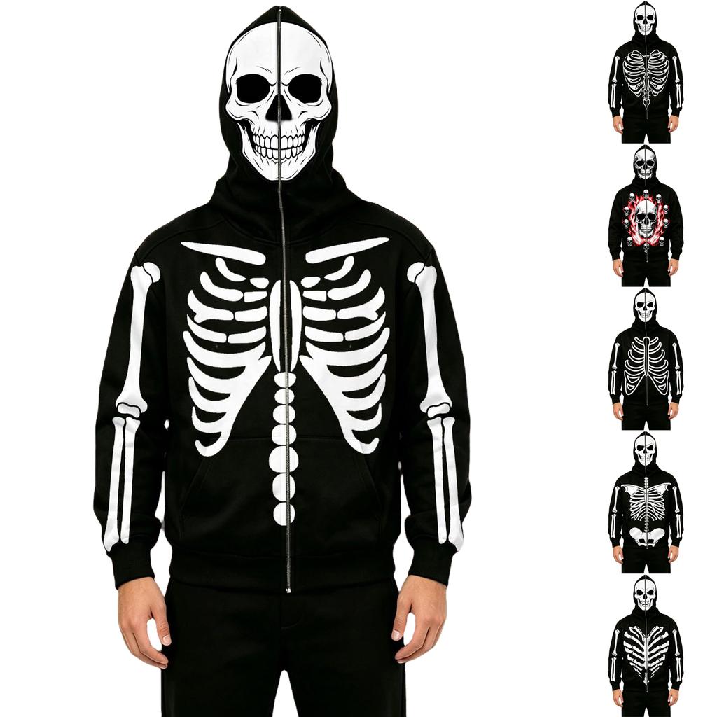 Men's Casual Halloween Print Hooded Jacket with Pockets, Fashionable Outerwear for Halloween
