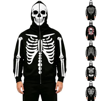 Męska casualowa kurtka z kapturem i kieszeniami z nadrukiem na Halloween, modne okrycie wierzchnie na Halloween