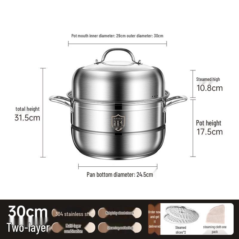 Three-Layer Multi-Functional 304 Stainless Steel Steamer Pot with Large Capacity for Steaming and Boiling