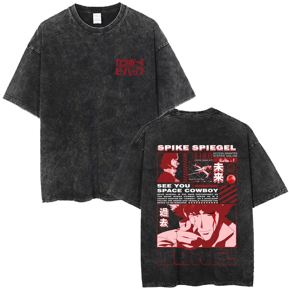 Washed Vintage Anime Cowboy Bebop Spike Spiegel See You Space Cowboy Graphic T-shirt Manga Retro Oversized T Shirts Unisex