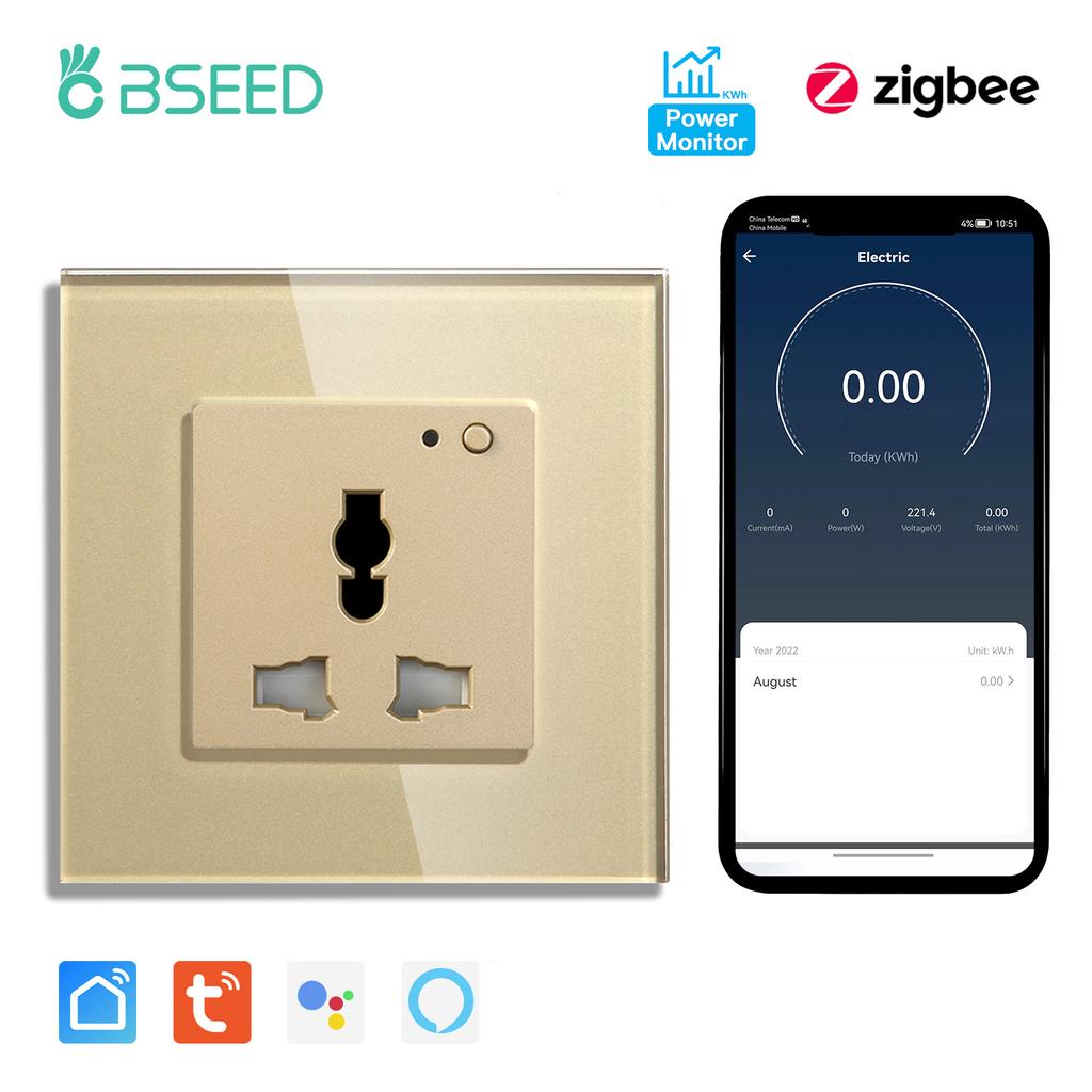 BSEED Zigbee Soquetes Inteligentes Universais Monitor de Potência Soquete de Energia Multifuncional Controle por App Tuya Smart Life Alexa Estrutura de Vidro