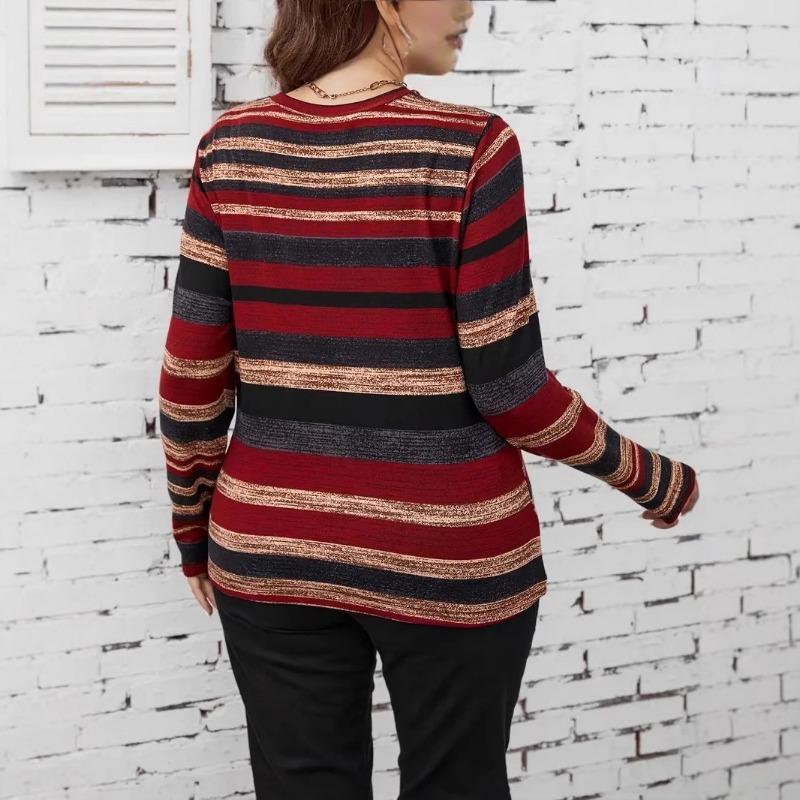 Women S Plus Size Long Sleeve Crew Neck Striped T Shirt Casual Spring Autumn