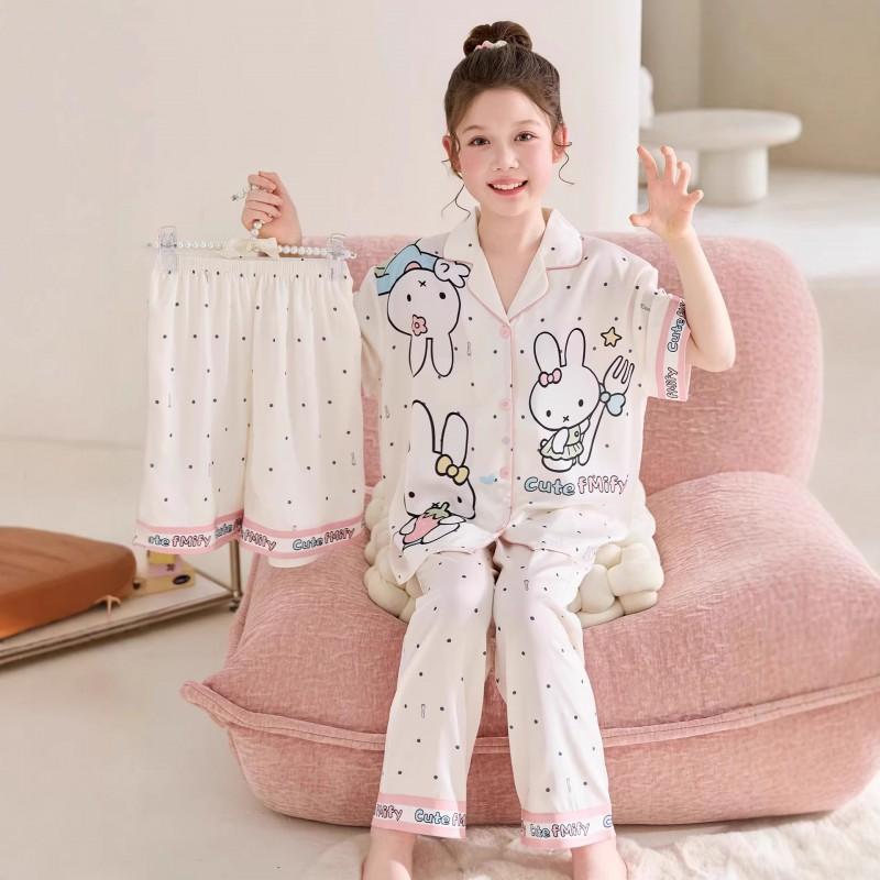 Kids Ice Silk Pajama Set Girls 3-Piece Short Sleeve Long Pants Cartoon Print Soft Breathable Sleepwear Home Outfit