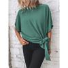 Damen Sommer T-Shirt Einfarbig Fledermausärmel Saum Knoten Lose Kurzarm Top