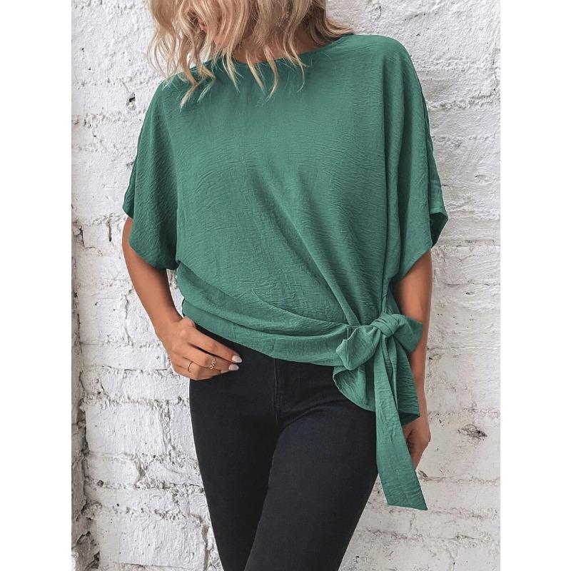 Damen Sommer T-Shirt Einfarbig Fledermausärmel Saum Knoten Lose Kurzarm Top