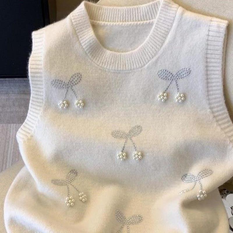

Женский жилет с круглым вырезом, украшенный жемчугом, корейский свободный, с бусинами, женские свитера, осенняя мода, в западном стиле, женский свитер-жилет S