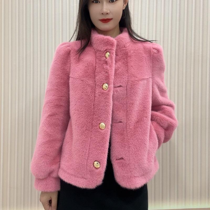 Cappotto Corto di Visone Caldo Spesso Manica Lunga Collo Alto Versatile Capispalla Autunno Inverno