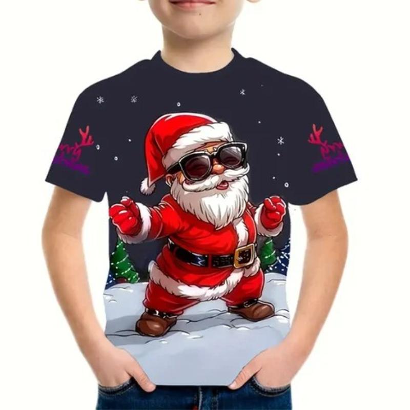 Children's Santa Claus Printed New Year T-Shirts Kids Unisex Comfortable Fashion Top Short Sleeve