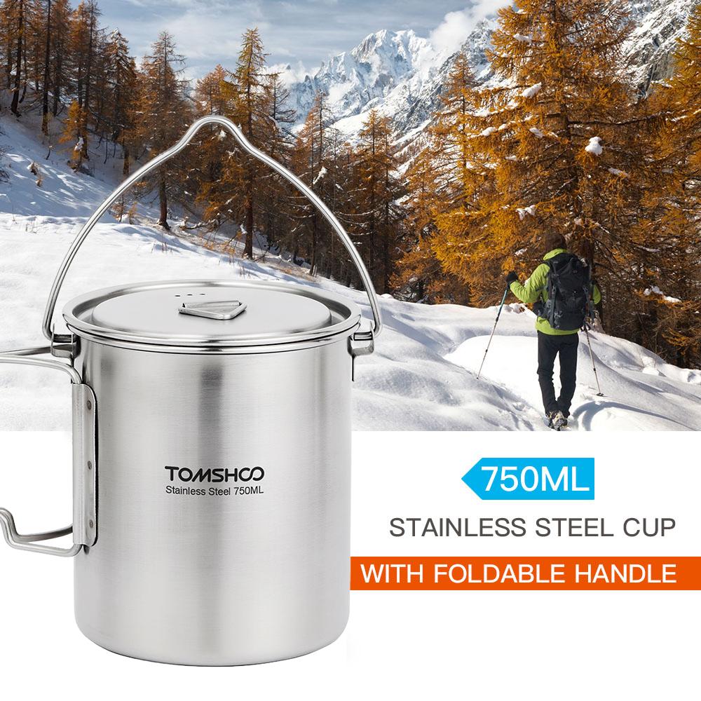 TOMSHOO 750 ml Edelstahl-Topf, tragbarer Wasserbecher, Tasse mit Deckel und faltbarem Griff, Outdoor, Camping, Kochen, Picknick