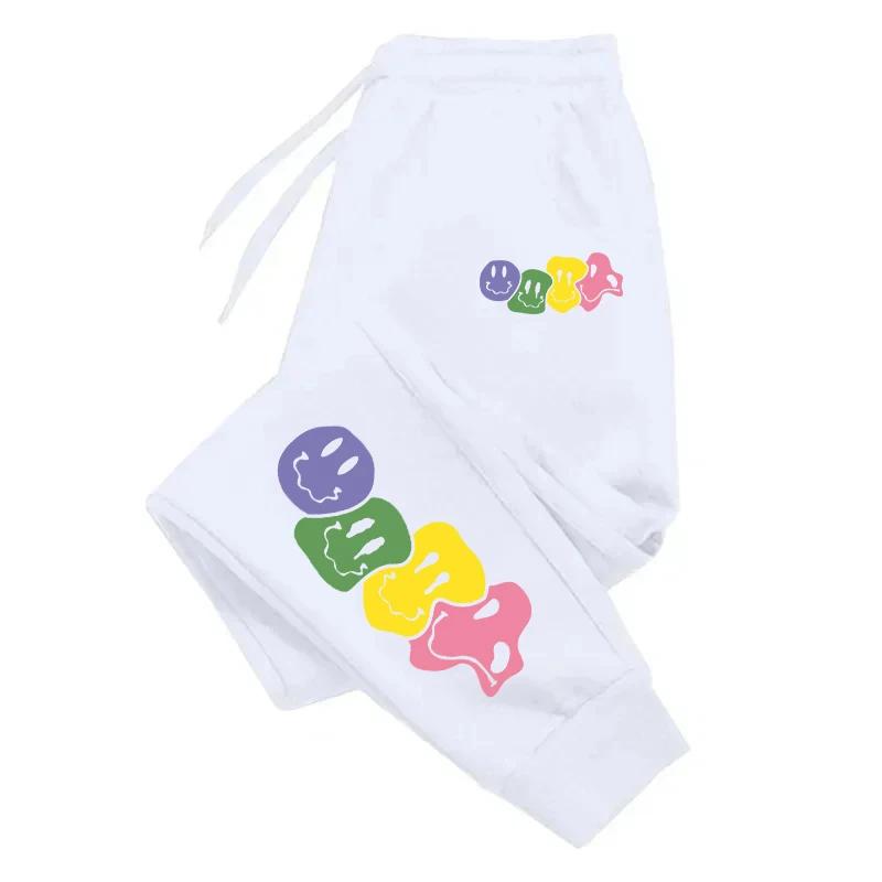 Cute Smiling Face Printed Versatile Comfortable Women Long Pant Fitness Jogging Trousers Drawstring Pockets Sweatpants