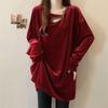 Plus Size Gold Thread Velvet Long Sleeve Top for Women - Slimming, Hot Drill, Trendy Hollow Design, Early Spring 2025.