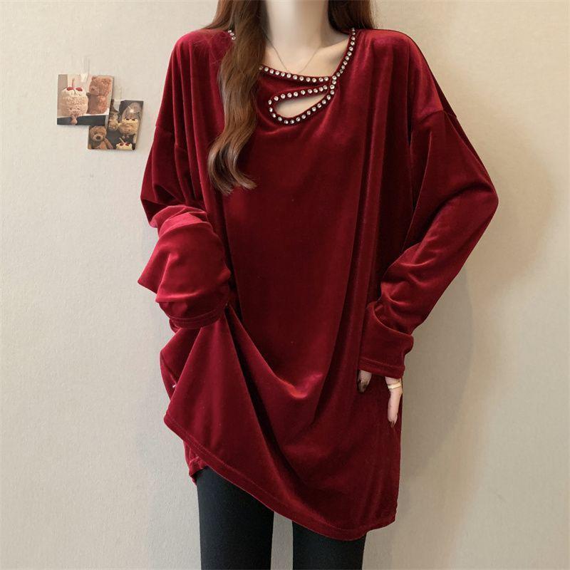 Plus Size Gold Thread Velvet Long Sleeve Top for Women - Slimming, Hot Drill, Trendy Hollow Design, Early Spring 2025.