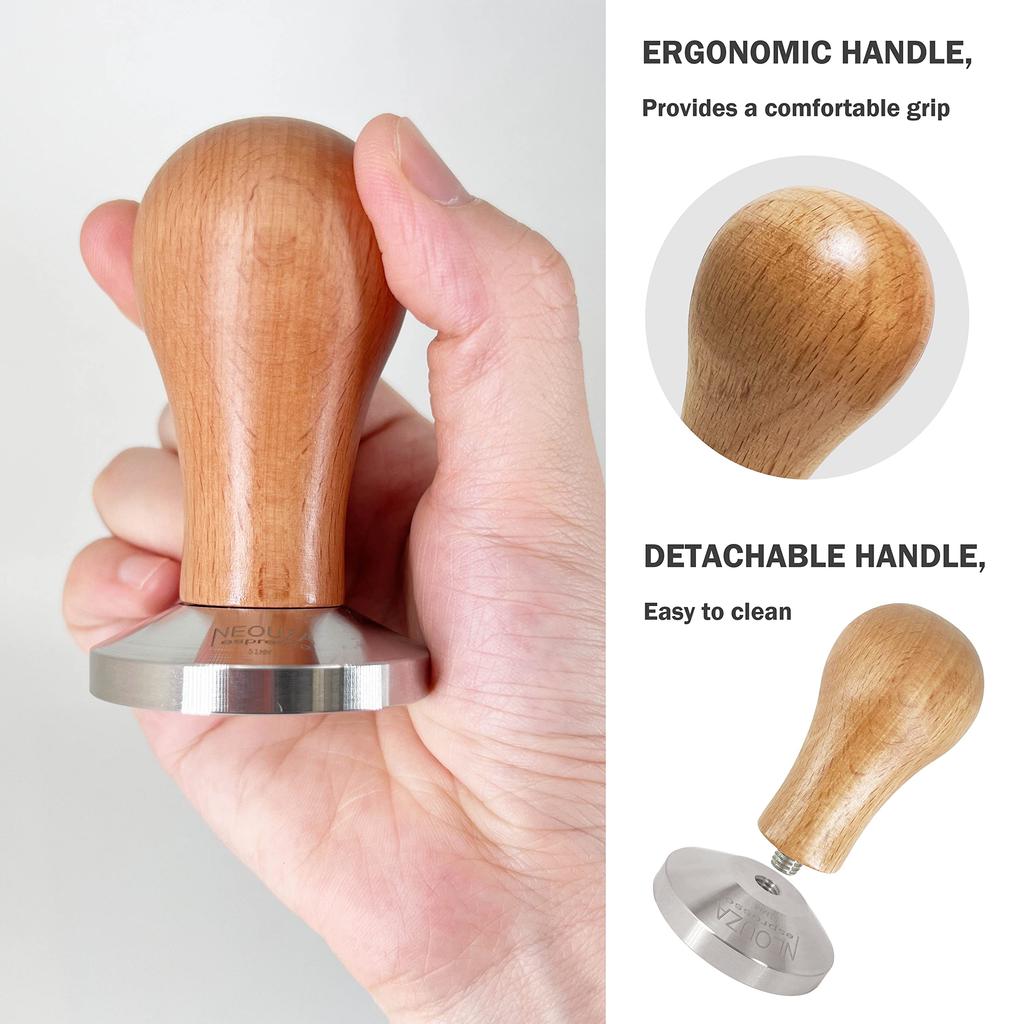 NEOUZA Espresso Coffee Tamper 58mm Flat Base Chrome Plated 304 Stainless Steel Wooden Handle Barista Bean Powder Press Fits E61 Group Machines