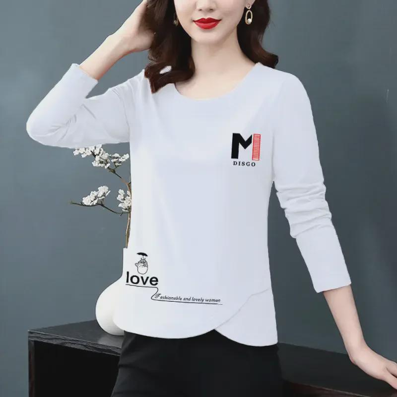 Baumwoll-Langarm-T-Shirt im koreanischen Stil mit unregelmäßigem Schnitt in Übergröße für Damen