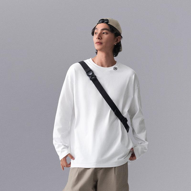 Li Ning CF Letter Print Casual Sports Crew Neck Pullover Long Sleeve Drop Shoulder T-Shirt Men Tops Standard-White ATLU113-2