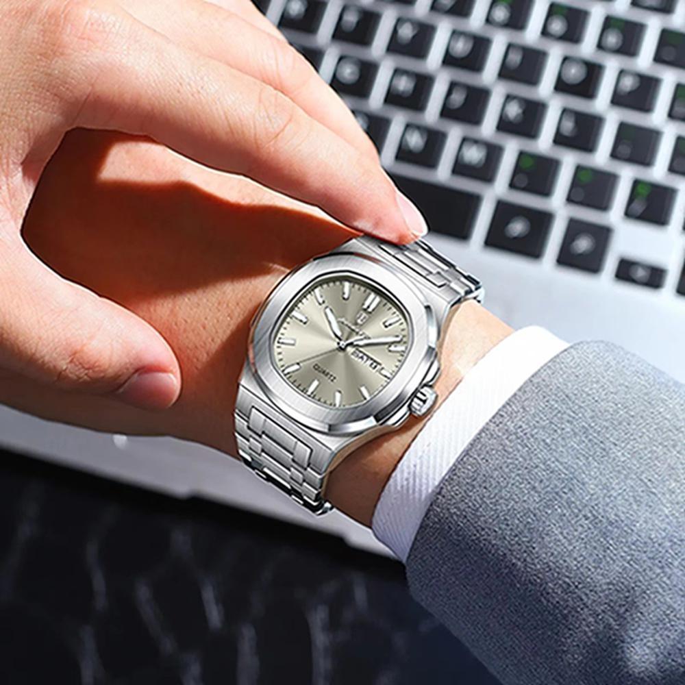 Luxury Square Men's Watches Waterproof Luminous Date Week Men Watch Stainless Steel Fashion Quartz Wristwatch