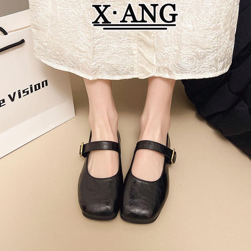 

Shallow mouth one-word buckle with Mary Jane shoes square head small leather shoes 2025 spring and summer new models with skirts flat-soled single sho 40