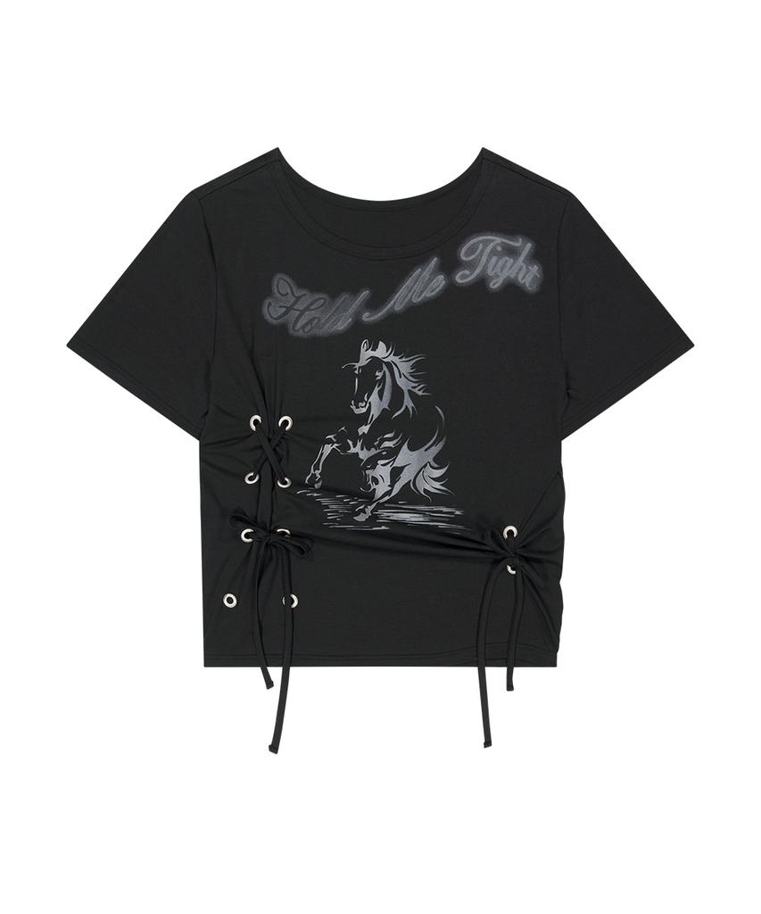 Aejeuyua Horse Eyelet Oversized T-Shirt Black