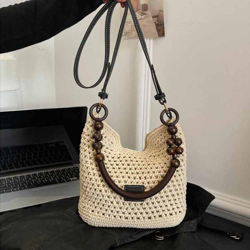 

Tote Bag Beach Woven Bag Hollow Out Hollow Shoulder Bag Casual Bohemian Beach Bag Travel Black(S)