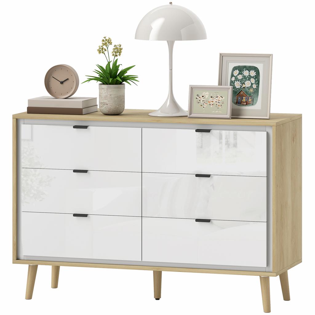 Storage Cabinet, Chest of Drawers with 6 Drawers and 5 Legs for Bedroom, High Gloss White