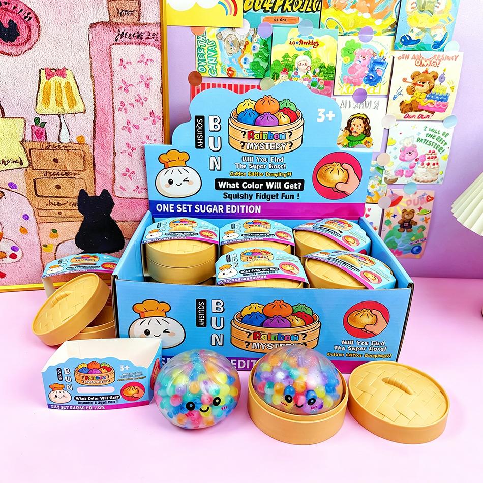 Soft Tpr Squishy Dumpling Toy With Steamer Rainbow Bead Glitter Squeeze Toy Stress Relief Fidget Toy Cute Kawaii Creative Toys