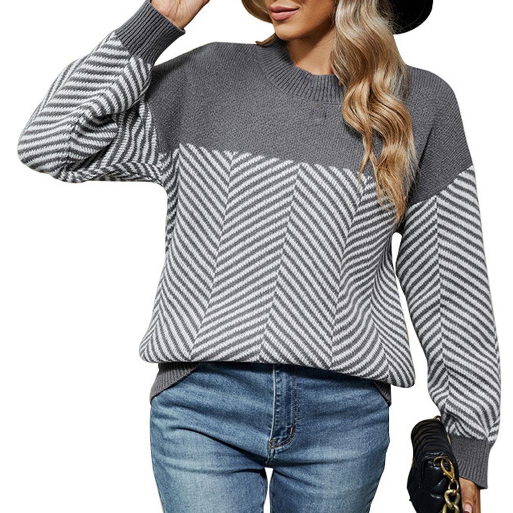 Women's Casual Long Sleeve Knitted Striped Pullover Sweater Top