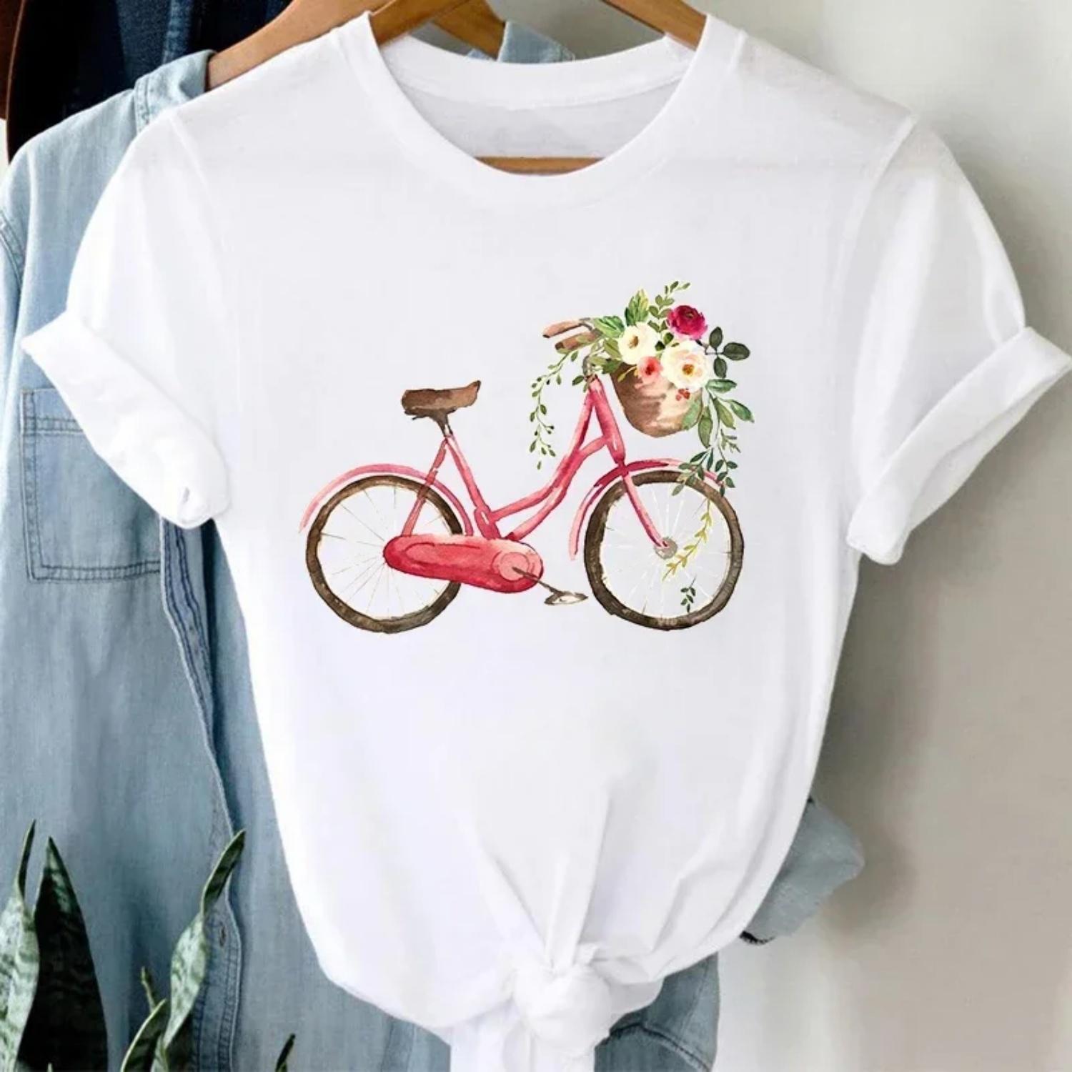 

2024 Summer Women Clothing Harajuku Ladies T-shirt Bike Sunflower Print White Short Sleeve Casual Fashion Female Tees Cotton XXXXXL білий