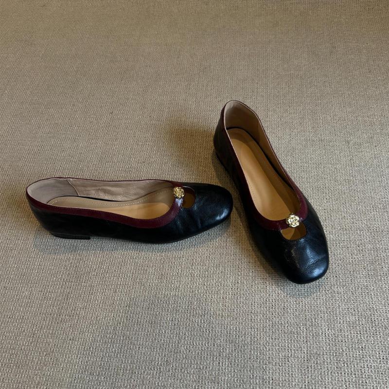 Rindsleder-Version~ Echtes Leder Retro Kamelie flacher Mund Ein-Pedal Einzel-Schuhe Damen Neue flache Schuhe Oma Schuhe