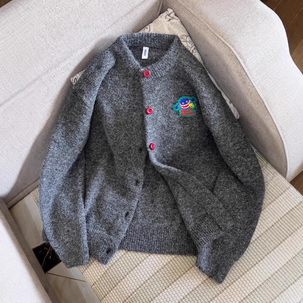 Grey Cartoon Embroidered Sweater Cardigan - Trendy Casual Knitwear for Autumn/Winter